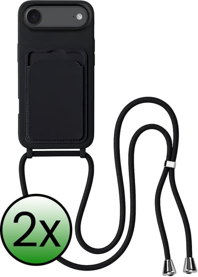 Hoes Geschikt voor iPhone Air Hoesje Pas Houder Case Hoes Met Koord - Hoesje Geschikt voor iPhone Air Hoes Met Telefoonkoord Pasjeshouder Cover - Zwart - 2 Stuks