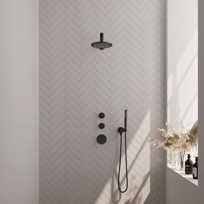 Brauer Black Edition thermostatische inbouw regendouche SET 01 met 20 cm douchekop en rechte muurarm en staaf handdouche en doucheslang en wandaansluitbocht mat zwart