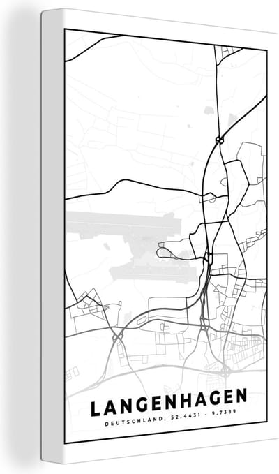 Canvas Schilderij Plattegrond - Stadskaart - Langenhagen - Kaart - 20x30 cm - Wanddecoratie