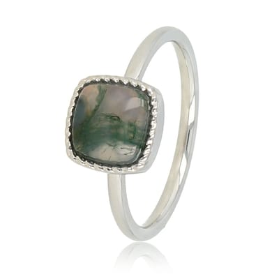 My Bendel - Zilverkleurige Zegelring met Moss Agate Edelsteen - Aardend en Chique Design - met Luxe Cadeauverpakking | Sieraden Voor Dames | Maat 16.00 Mm / Maat 50