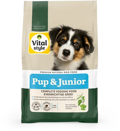 VITALstyle Pup & Junior - Hondenvoer - Puppy Brokken - Ondersteunt Een Geleidelijke Groei - Met o.a. Brandnetel & Peterselie - 3 kg