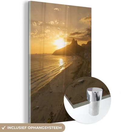 ® Glasschilderij 120x180 cm - Schilderij acrylglas - Zonsondergang bij het Zuid-Amerikaanse Ipanema-strand - Foto op glas - Muurdecoratie woonkamer - Wanddecoratie slaapkamer - Schilderijen