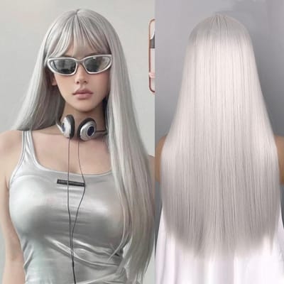 Synthetische Rechte Pruiken met Pony Lang Zijdezacht Hittebestendig Vezelhaar Volledig Machine Gemaakte Pruik Cosplay Feestpruik Voor Modieuze Vrouwen