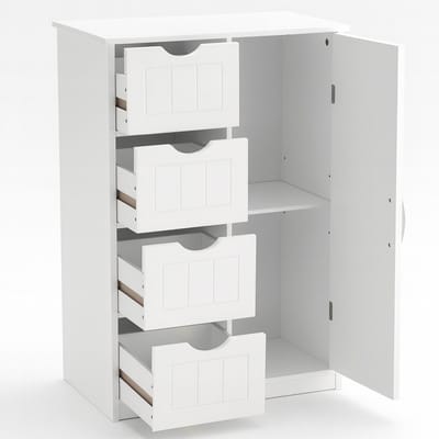 Badkamerkast Wit 55×28,5×82 cm – Opbergkast Met 4 Laden en 1 Deur – Badkamerkast Met Verstelbare Plank – Smalle Kast