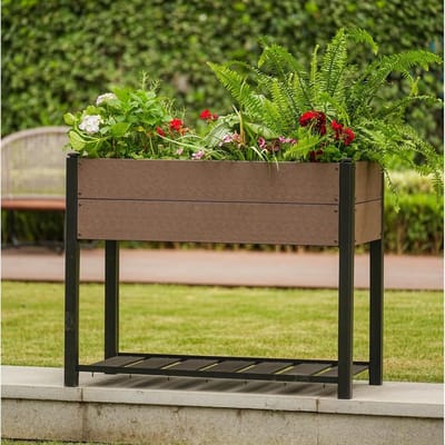 HoerFuriy Verhoogde Plantenbak met Opslagplank - HDPE Houtlook & Aluminium Frame - Moestuinbak - 109x49x85 cm - Zwart