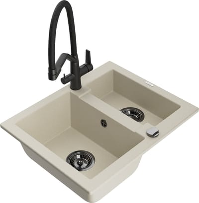 Mexen Carlos granieten gootsteen 1,5-komor met keukenmengkraan Duo, beige - 6518-69-671701-70-B