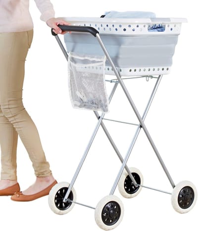 Wasmand met wielen - Waswagen transport - Wasgoed verplaatsen - Rugbesparend ontwerp - 90x44x62 cm - Zilver