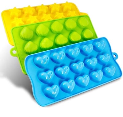 3-delig set in verschillende vormen ijsblokjesvorm van siliconen, harten, sterren en schelp - siliconen chocoladevorm - leuk, kinderspeelgoedset, voor ijsblokjes, chocolade, zoetigheden