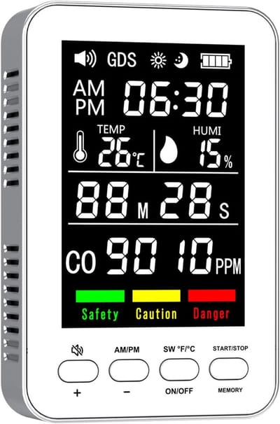 5-in-1 Koolmonoxidemelder met Digitaal Scherm, Oplaadbare CO Detector met Temperatuur- en Vochtigheidsmeter, Timer, Alarmfunctie, 0-1000 PPM Koolmonoxide Monitor voor Huis, Garage en Camper