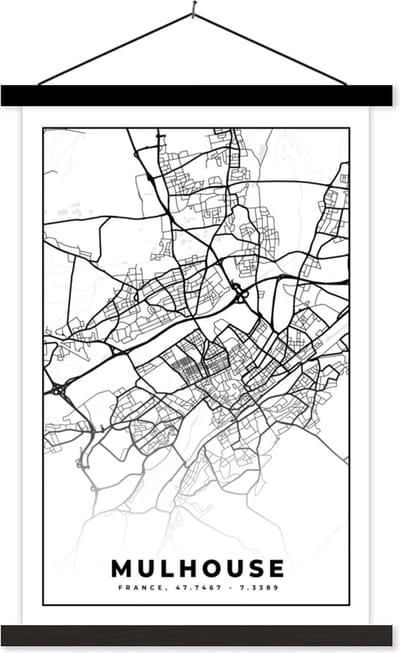 Posterhanger incl. Poster 40x60 cm - Schoolplaat - Frankrijk - Mulhouse - Kaart - Plattegrond - Stadskaart - Zwart wit - Textielposter - Zwarte latten - Stadskaart