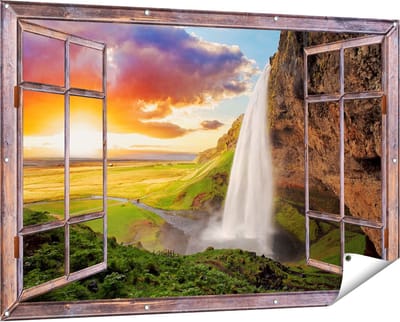 Gards Tuinposter Doorkijk Waterval in IJsland met Zonsondergang - 150x100 cm - Tuindoek - Tuindecoratie - Wanddecoratie buiten - Tuinschilderij