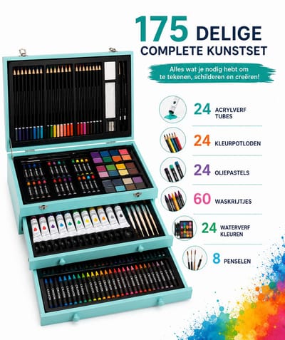 175 Delige Tekenset in Houten Koffer – Complete Kunstset met Acrylverf, Oliepastels, Kleurpotloden, Schetsboek & Acrylic Pad – Voor Beginners en Gevorderden – Turquoise