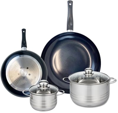 Set van 2 Koekenpannen 24 en 32 cm en 2 kookpotten 14 en 20 cm Elo Prima Glanzend