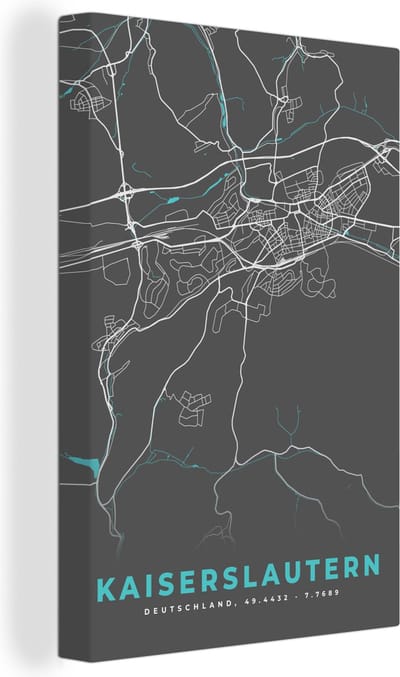 Canvas Schilderij Plattegrond – Kaiserslautern – Blauw – Stadskaart – Kaart - Duitsland - 20x30 cm - Wanddecoratie