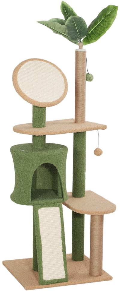 Merax Krabpaal 139 cm - Kattenboom met Kattenhuis - Springplatforms - Krabpalen met Sisal - Krabmat en Klimplank - 2 Speelballetjes - Groen - Voor 1-2 Katten tot 5 kg