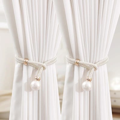 Embrasses de rideaux en perles, 2 pièces, embrasses de rideaux en perles, fixations décoratives, embrasses de rideaux en corde, sans perforation, réglables et extensibles blanc