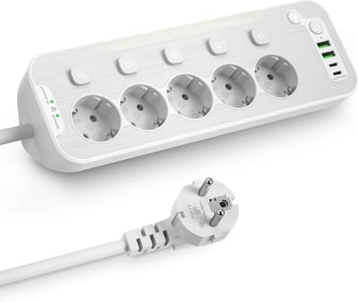 StayPowered Stekkerdoos - Efficiënt en Veilig voor Keuken & Kantoor - 5 Stopcontacten - USB-C & USB-A Poorten - Nachtlampje - Overspanningsbeveiliging - Roestvrijstalen Frontpaneel - Kinderbeveiliging - Wit - Levering Sneller dan Aangegeven!