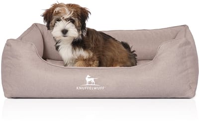 Knuffelwuff orthopedisch hondenbed Luisa van velours met fijn handgeweven karakter Sunshine Edition M-L 85 x 63cm beige