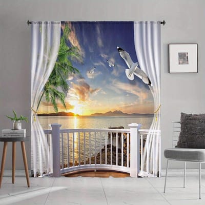 Strand verduisterende gordijnen zee palmbomen gordijnen in de woonkamer natuur kust landschap print gordijn voor slaapkamer decoratie W50xH130(CM)x2PCS-Grommet Top