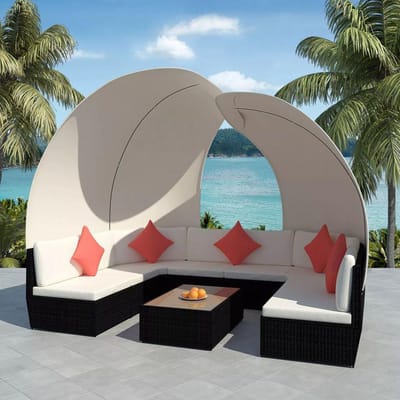 vidaXL - 9-delige - Loungeset - met - luifels - poly - rattan - zwart