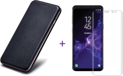 Hoesje geschikt voor Samsung Galaxy S9 - Kunstlederen Wallet Hoesje Zwart met Siliconen Houder - Portemonee Hoesje + Glas PET Folie Screen Protector Transparant 0.2mm