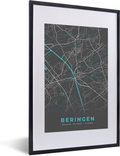 Fotolijst incl. Poster - Stadskaart – Grijs - Kaart – Beringen – België – Plattegrond - 40x60 cm - Posterlijst