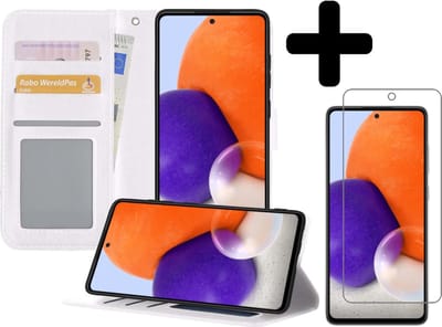Hoesje - Met Screenprotector - Geschikt voor Samsung Galaxy A72 5G - Luxe Pasjeshouder - Bookcase Portemonee - Flip Case - Kunstleer Book Case - Flipcase - Book Cover - Walletcase - Portemonneehoes - Telefoonhoesjes - Wit