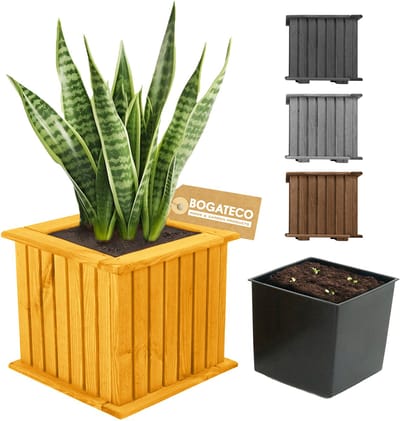 BOGATECO houten bloembak | Plantenbak | Bloempot 25 x 25 x 25 cm | Kruidenpot voor huis tuin balkon terras | Pot met kunststof inzetstuk | Waterdicht | Lichtbruin