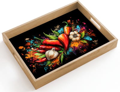 Dienblad hout 40x30 cm - Schootdienblad - Groente - Peper - Knoflook - Graffiti - Verf - Kleurrijk - Borrelplank rechthoek - Plateau dienbladen