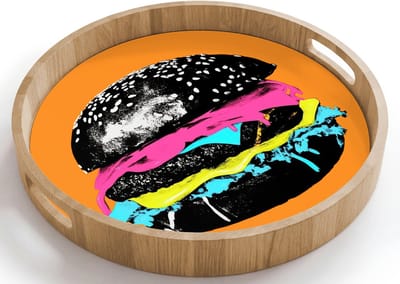 Dienblad rond 40x40 cm - Schootdienblad hout - Hamburger - Oranje - Neon - popart - Borrelplank rechthoek - Plateau houten dienbladen