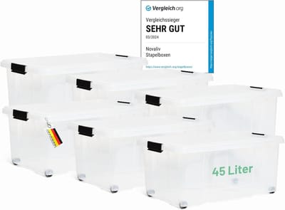 Novaliv 6x opbergdozen met deksel, groot 45L, transparant, nestbaar, stapelbaar met clipsluiting, rolboxen, kunststof, BPA-vrij, 61x40x26 cm