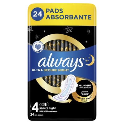 Always Ultra Secure Nuit Quattro Serviettes Hygiéniques, 24 Pièces