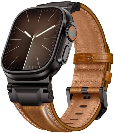Luxe leren bandje - geschikt voor Apple Watch series 1/2/3/4/5/6/7/8/9/10/11/ SE (1,2,3) / Ultra (1,2,3) met maat 44 mm / 45 mm / 46 mm / 49 mm - nappa leer met zwarte gesp - bruin