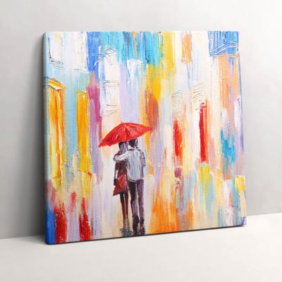 Wallfluent Foto Op Canvas Abstract concept van de wereld - koppel in de regen - 60 x 60 cm - Veelkleurig Canvas Schilderij - Liefde Foto Op Doek - Imitatie van een olieverfschilderij Print Van Doek - Liefde Schilderij Op Canvas