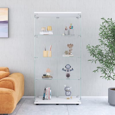 Vitrinekast in wit, glazen vitrinekast met 4 niveaus en 2 deuren van gehard glas, vitrinekast met slot voor woonkamer, slaapkamer of hal