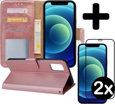 Hoesje - Met 2x Screenprotector - Geschikt voor Apple iPhone 12 Mini - Luxe Pasjeshouder - Flip Case - Bookcase Portemonee - Kunstleer Book Case - Flipcase Hoes - Book Cover - Walletcase - Portemonneehoes - Telefoonhoes - Rosé goud