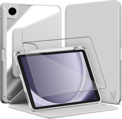 Hoes met Screenprotector geschikt voor Samsung Galaxy Tab A9 / Tab A11 - Book Case Premium Sleep Cover Kunstleer 360 Graden Draaibaar met Auto/Wake Functie en Pencilhouder - Grijs