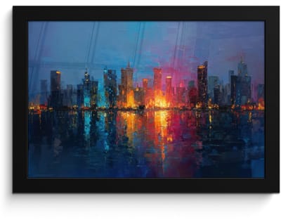 Poster in lijst - Fotolijst 30x20 cm - Posters - Skyline - Penseelstreken - Donkerblauw - Lichtgevend - Posterlijst zwart - Decoratie - Wanddecoratie woonkamer - Muurdecoratie slaapkamer