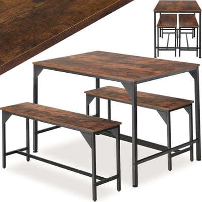 tectake® Zitgroep 3-delig - Eetgroep voor 4 personen - Eettafel met 2 banken - Industrieel design - Zwart metalen frame - Draagkracht tafel 100 kg bank 200 kg - Afmeting (LxBxH) tafel 110 x 70 x 75 cm bank 97 x 30 x 50 cm - Donkerbruin
