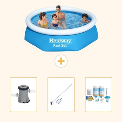 Bestway Rond Opblaasbaar Fast Set Zwembad - 244 x 61 cm - Blauw - Inclusief Pomp - Schoonmaakset - Onderhoudspakket - 4-delig