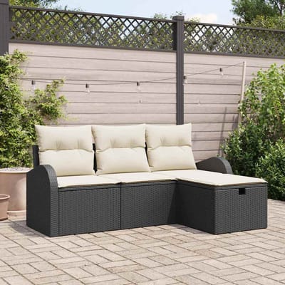 vidaXL Bankstel met kussen met opslag 4 pcs Zwart en Crème poly rattan