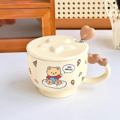 Cartoon Beer Koffiekop Hoge Waarde Mok met Deksel Lepel Roze Konijn Keramische Kop Stelkop 350ml