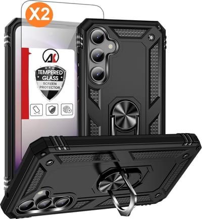 Hoesje Geschikt Voor Samsung Galaxy S23 FE Hoesje Anti-Shock Hybrid Armor hoesje met ring houer Zwart - Met Screenprotector - 2 pack