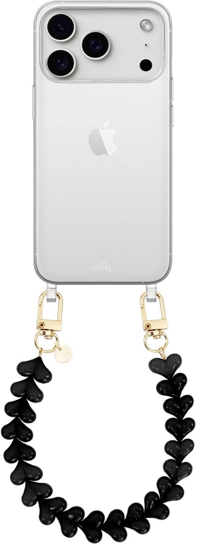 xoxo Wildhearts siliconen hoesje - Geschikt voor iPhone 17 Pro Max hoesje - Funky Hearts - Telefoonhoesje - Hoesje met koord - Zwart koord - kort telefoonkoord - Hartjes ketting - Transparant hoesje