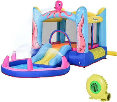 Zelfopblaasbaar springkasteel met 1 glijbaan, 1 trampoline, 1 waterbad, ventilator en reparatieset. Afmetingen: 360 x 175 x 180 cm.
