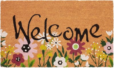 BRUBAKER Deurmat voor buiten en binnen, Welcome met bloemenweide, 45 x 75 cm, vuilvangmat van 100% kokos, weerbestendig en antislip, antislip deurmat met bloemendesign