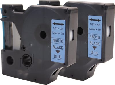 KATRIZ® huismerk label tape voor Dymo 45016 | LabelManager PNP/LabelPoint 150/Protable Labeler PL200/RhinoPRO 5200/6000 | Zwart op Blauw | 12mm*7m | 2 stuks