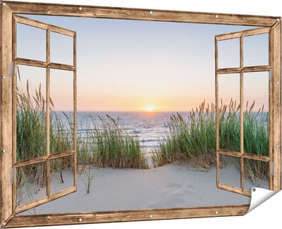 Gards Tuinposter Doorkijk Zee vanuit Duinen met Zonsondergang - 180x120 cm - Tuindoek - Tuindecoratie - Wanddecoratie buiten - Tuinschilderij