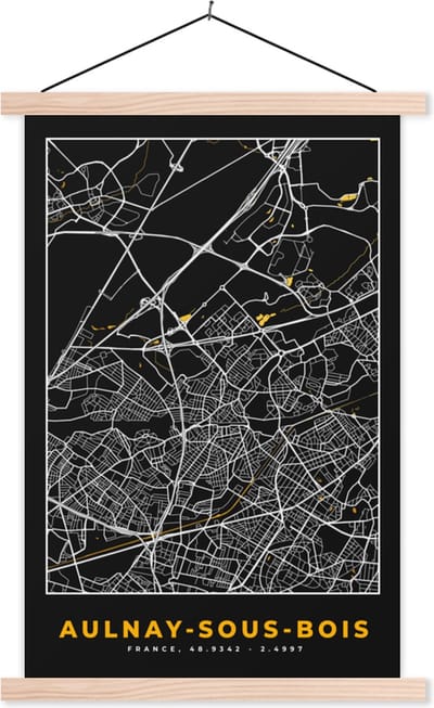 Posterhanger incl. Poster 40x60 cm - Schoolplaat - Plattegrond – Kaart – Stadskaart – Frankrijk – Aulnay-sous-Bois - Textielposter - Blanke latten - Stadskaart