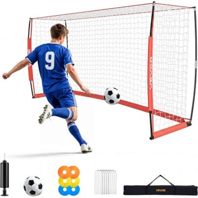 VEVOR voetbaldoel 3,6 x 1,8 m, opvouwbaar voetbaldoel met glasvezelframe, rood, voor voetbalvelden, parken en scholen, polyester net tot 113 km/u, grondanker, metalen voet en Oxford opbergtas